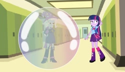 Size: 1246x720 | Tagged: safe, artist:carlosuriel13, imported from derpibooru, trixie, twilight sparkle, human, equestria girls, backpack, bubble, clothes, duo, female, in bubble, lockers, pleated skirt, skirt, twilight sparkle (alicorn)