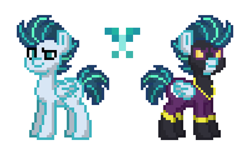 Size: 2963x1836 | Tagged: safe, imported from derpibooru, oc, oc only, oc:bolt freeze, pegasus, pony, pony town, clothes, cutie mark, goggles, male, next generation, reference sheet, shadowbolts, simple background, stallion, uniform, white background