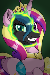 Size: 1000x1500 | Tagged: safe, artist:novaspark, derpibooru exclusive, imported from derpibooru, princess cadance, queen chrysalis, changeling, changeling queen, canterlot wedding 10th anniversary, disguise, disguised changeling, evil grin, fake cadance, female, grin, shapeshifting, smiling, solo, transformation