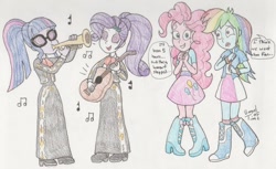 Size: 1400x856 | Tagged: safe, artist:bageloftime, imported from derpibooru, pinkie pie, rainbow dash, rarity, sci-twi, twilight sparkle, human, equestria girls, clothes, dialogue, guitar, hypno eyes, hypnosis, hypnotized, long dress, long skirt, mariachi, musical instrument, skirt, speech bubble, sweat, swirly eyes, traditional art, trumpet