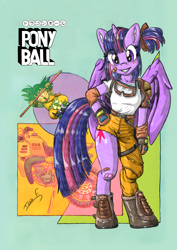 Size: 2481x3508 | Tagged: safe, artist:memprices, imported from derpibooru, twilight sparkle, alicorn, anthro, bicycle, bipedal, boots, bulma, clothes, cosplay, costume, crossover, dragon ball, ear fluff, furry, goggles, high res, horn, jumping, logo, logo edit, looking at you, motorcycle, pencil, pencil drawing, pony ball, ponytail, posing for photo, shading, shoes, signature, smiling, smiling at you, son goku, traditional art, twilight sparkle (alicorn), wings