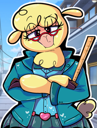 Size: 951x1246 | Tagged: safe, artist:malachimoet, imported from derpibooru, alpaca, semi-anthro, them's fightin' herds, clothes, community related, crossed arms, glasses, heart eyes, lidded eyes, looking at you, nerd, outfit, paprika (tfh), ruler, school, school uniform, schoolgirl, solo, teacher, wingding eyes