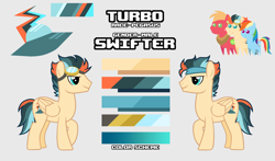 Size: 3122x1836 | Tagged: safe, imported from derpibooru, oc, oc:turbo swifter, pegasus, pony, cutie mark, goggles, headband, male, pointy ponies, reference sheet, simple background, size chart, size comparison, stallion