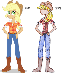 Size: 2223x2697 | Tagged: safe, artist:sugar-loop, imported from derpibooru, applejack, human, equestria girls, 2017, boots, clothes, equestria girls style, flannel, flannel shirt, hand on hip, humanized, jeans, pants, shoes, simple background, smiling, solo, transparent background, vector