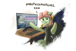 Size: 2997x1997 | Tagged: safe, artist:ka3ahb, imported from derpibooru, oc, oc only, oc:rhapsody song, earth pony, pony, chair, computer, fl studio, monitor, oda 1997, oda 997, pc, solo, table