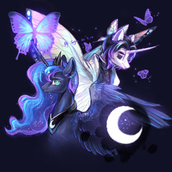 Size: 1280x1280 | Tagged: safe, artist:shu-jeantte, imported from derpibooru, princess luna, butterfly, pony, blue eyes, crown, curved horn, feather, female, horn, jewelry, kochou shinobu, looking at you, mare, peytral, ponified, purple eyes, regalia, simple background, smiling, spread wings, wings