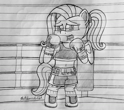 Size: 1280x1135 | Tagged: safe, artist:ct1443ae, imported from derpibooru, fluttershy, pegasus, semi-anthro, boxing, boxing gloves, boxing ring, boxing shorts, clothes, lined paper, mouth guard, open mouth, pencil drawing, shoes, shorts, solo, sports, traditional art