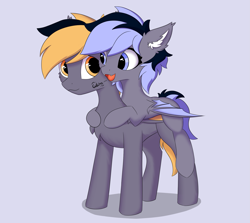 Size: 1917x1710 | Tagged: safe, artist:verlista, imported from derpibooru, oc, oc only, oc:hoti vefire, oc:lily moonlight, brother and sister, female, gotcha, happy, hooves, hug, hugging a pony, male, mare, riding a pony, siblings, stallion, teenager