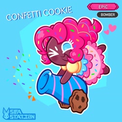 Size: 1440x1440 | Tagged: safe, artist:seasemissary, imported from derpibooru, pinkie pie, human, blackwashing, chibi, clothes, cookie run, dark skin, dress, happy, humanized, party cannon, smiling, solo, xd