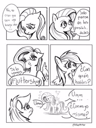 Size: 1200x1600 | Tagged: safe, artist:alom-b93, imported from derpibooru, fluttershy, rainbow dash, pegasus, pony, comic, dialogue, female, lineart, mare, monochrome, spanish