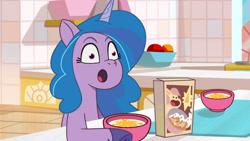 Size: 3410x1920 | Tagged: safe, imported from derpibooru, screencap, izzy moonbow, pony, unicorn, spoiler:g5, spoiler:my little pony: tell your tale, spoiler:tyts01e09, :o, cereal, cereal box, female, food, g5, high res, it's t.u.e.s. day, mare, my little pony: tell your tale, open mouth, solo