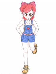 Size: 2495x3261 | Tagged: safe, artist:dantethehuman, imported from derpibooru, apple bloom, human, clothes, hand in pocket, humanized, overalls, simple background, solo, white background