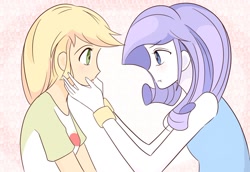 Size: 1000x689 | Tagged: safe, artist:auntie_grub, imported from derpibooru, applejack, rarity, human, equestria girls, clothes, duo, duo female, female, hatless, lesbian, looking at each other, looking at someone, missing accessory, rarijack, rarity peplum dress, shipping