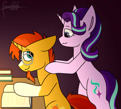 Size: 4000x3600 | Tagged: safe, artist:foxxo666, imported from derpibooru, starlight glimmer, sunburst, pony, unicorn, female, glasses, high res, looking at each other, looking at someone, male, massage, reading, shipping, simple background, smiling, starburst, straight