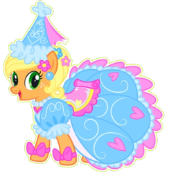 Size: 638x655 | Tagged: safe, artist:darlycatmake, imported from derpibooru, applejack, earth pony, pony, look before you sleep, applejack also dresses in style, bow, clothes, dress, ear piercing, female, flower, flower in hair, froufrou glittery lacy outfit, happy, hat, hennin, jewelry, looking at you, mare, necklace, piercing, princess, princess applejack, simple background, smiling, smiling at you, solo, transparent background, vector