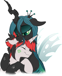 Size: 2360x2880 | Tagged: safe, artist:dormin-dim, imported from derpibooru, queen chrysalis, oc, oc:zaknel, pony, unicorn, canon x oc, canterlot wedding 10th anniversary, commission, eyes closed, female, hug, kiss mark, lipstick, male, mare, shipping, simple background, stallion, transparent background