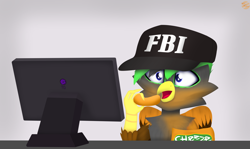 Size: 5024x3001 | Tagged: safe, artist:toxinagraphica, imported from derpibooru, oc, oc only, oc:dreary, griffon, baseball cap, cap, cheetos, commission, fbi, feather, griffon oc, hat, logo, male, meme, monitor, open mouth, penguins of madagascar, ponified meme, shocked, signature, solo, table, wings