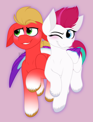 Size: 2982x3900 | Tagged: safe, artist:feather_bloom, imported from derpibooru, sprout cloverleaf, zipp storm, earth pony, pegasus, pony, blushing, duo, embarrassed, female, g5, hug, male, mare, my little pony: a new generation, one eye closed, romantic, shipping, simple background, stallion, straight, unshorn fetlocks, winghug, wings, wink, zippsprout