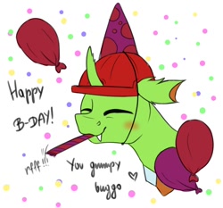 Size: 680x633 | Tagged: safe, artist:julunis14, imported from derpibooru, oc, oc only, oc:berzie, changedling, changeling, balloon, birthday, birthday gift art, changedling oc, changeling oc, clothes, confetti, eyes closed, gift art, hard hat, hat, party horn, solo