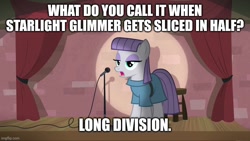 Size: 800x450 | Tagged: safe, imported from derpibooru, maud pie, dark comedy, implied starlight glimmer, long division, long glimmer, long pony, maud the comedian, pun, stand-up comedy