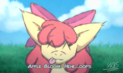 Size: 3500x2100 | Tagged: safe, artist:supasurida, imported from derpibooru, apple bloom, earth pony, pony, :3, :p, ^^, adorabloom, big ears, bow, cloud, cute, dialogue, eye clipping through hair, eyes closed, female, filly, foal, hair bow, solo, text, tongue out