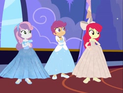 Size: 2048x1536 | Tagged: safe, artist:estories, artist:joeysclues, artist:selenaede, imported from derpibooru, apple bloom, scootaloo, sweetie belle, human, equestria girls, base used, blue dress, cinderella, clothes, clothes swap, crossover, crown, cutie mark crusaders, disney, disney princess, dress, glass slipper (footwear), gloves, gown, hand on hip, headband, high heels, jewelry, necklace, regalia, shoes, strapless