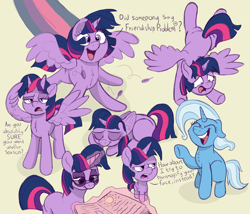 Size: 3464x2964 | Tagged: safe, artist:doodledonutart, imported from derpibooru, trixie, twilight sparkle, alicorn, bicorn, pony, unicorn, book, duo, duo female, eager, feather, female, glasses, horn, laughing, mare, multeity, multiple horns, sleeping, sparkle sparkle sparkle, speed trail, twilight sparkle (alicorn), unicorn twilight