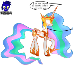 Size: 4154x3840 | Tagged: safe, artist:damlanil, imported from derpibooru, daybreaker, princess celestia, alicorn, pony, bdsm, blindfold, bodysuit, bondage, bondage mask, boots, bound wings, catsuit, clothes, collar, comic, commission, corset, crown, ethereal mane, female, gag, gimp suit, high heels, hood, hoof shoes, horn, horn ring, implied princess luna, jewelry, latex, latex boots, latex suit, leash, mare, muzzle gag, necklace, regalia, ring, rubber, shiny, shiny mane, shoes, show accurate, simple background, solo, speech bubble, suit, text, transparent background, vector, wings