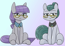 Size: 1117x790 | Tagged: safe, alternate version, artist:batipin, imported from derpibooru, part of a set, cloudy quartz, maud pie, earth pony, pony, alternate hairstyle, blue background, duo, duo female, female, glasses, gradient background, lidded eyes, looking at you, mare, mother and child, mother and daughter, purple background, simple background, sitting