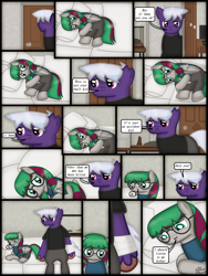 Size: 1750x2333 | Tagged: safe, artist:99999999000, imported from derpibooru, oc, oc only, oc:firearm king, oc:li anna, earth pony, pony, comic:journey, bed, clothes, comic, crying, door, female, male, pillow, sad