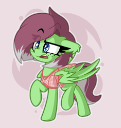 Size: 1848x1962 | Tagged: safe, artist:nekro-led, imported from derpibooru, oc, oc only, oc:watermelon success, pegasus, pony, abstract background, clothes, confused, dress, female, freckles, mare, raised leg, shading, simple background, solo