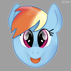 Size: 2000x2000 | Tagged: safe, artist:kaifurry, derpibooru exclusive, imported from derpibooru, rainbow dash, pegasus, pony, :p, bust, cute, dashabetes, gray background, high res, simple background, solo, symmetrical, tongue out, watermark, wide eyes