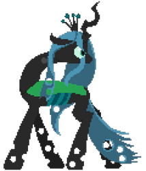 Size: 720x840 | Tagged: safe, artist:minus, derpibooru exclusive, imported from derpibooru, queen chrysalis, changeling, changeling queen, pony, angry, canterlot wedding 10th anniversary, ears back, female, flexible, looking back, pixel art, simple background, solo, transparent background