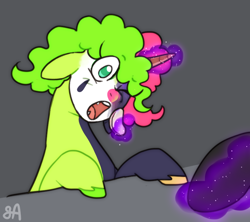 Size: 832x740 | Tagged: safe, artist:greenarsonist, imported from derpibooru, oc, oc only, oc:jesse wisecracker, pony, unicorn, clown makeup, face paint, horn, magic, makeup, nonbinary, red nose, shorn fetlocks, solo, telekinesis, two toned mane, unicorn oc