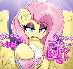 Size: 3495x3324 | Tagged: safe, artist:crnklbox, imported from derpibooru, fluttershy, pegasus, pony, chest fluff, dialogue, diaper, ear fluff, eyelashes, eyeshadow, fangs, flutterbitch, graveyard of comments, high res, looking at you, makeup, sharp teeth, solo, spread wings, talking to viewer, teeth, wings