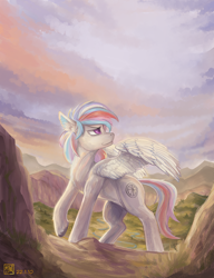 Size: 2300x3000 | Tagged: safe, artist:月下枫林, imported from derpibooru, oc, oc only, oc:gologic, pegasus, digital painting, male, mountain, outdoors, sky, walking