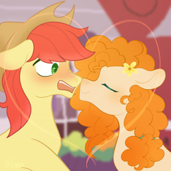 Size: 2048x2048 | Tagged: safe, artist:fnails, artist:fourteennails, imported from derpibooru, bright mac, pear butter, earth pony, pony, about to kiss, blushing, blushing profusely, boop, brightbutter, canon ship, duo, embarrassed, eyes closed, female, flower, flower in hair, heart, male, mare, noseboop, nuzzling, shipping, stallion, straight