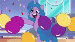 Size: 1280x720 | Tagged: safe, imported from derpibooru, screencap, izzy moonbow, pipp petals, sunny starscout, zipp storm, earth pony, pegasus, pony, unicorn, spoiler:tyts01e09, animated, balloon, blah, chanting, cute, excited, female, g5, happy, it's t.u.e.s. day, izzybetes, mare, my little pony: tell your tale, sound, stairs, webm