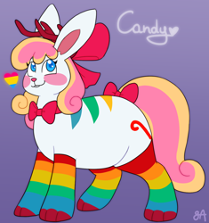 Size: 1090x1161 | Tagged: safe, artist:greenarsonist, imported from derpibooru, oc, oc only, oc:candy🍭, jackalope, bow, bowtie, chubby, clothes, fat, hair bow, horns, pansexual, pansexual pride flag, pride, pride flag, rainbow, rainbow socks, socks, striped socks, tail, tail bow