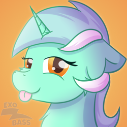 Size: 1000x1000 | Tagged: safe, artist:exobass, imported from derpibooru, lyra heartstrings, pony, unicorn, :p, bust, female, floppy ears, horn, lidded eyes, looking at you, mare, orange background, portrait, simple background, smug, solo, tongue out, watermark