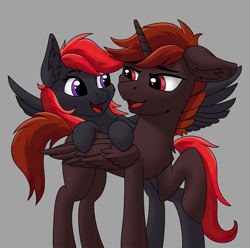 Size: 2756x2732 | Tagged: safe, artist:fess, imported from derpibooru, oc, oc only, oc:hardy, oc:rosetta hask, alicorn, pegasus, pony, alicorn oc, duo, duo male and female, ear fluff, eye contact, female, floppy ears, folded wings, gray background, high res, hooves, horn, lidded eyes, looking at each other, looking at someone, looking back, male, mare, oc x oc, open mouth, open smile, pegasus oc, raised hoof, shipping, simple background, smiling, stallion, tail, wings