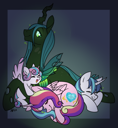 Size: 1747x1891 | Tagged: safe, artist:/d/non, imported from derpibooru, princess cadance, princess flurry heart, queen chrysalis, shining armor, alicorn, changeling, changeling queen, bisexual, canterlot wedding 10th anniversary, chrysarmordance, curled up, female, folded wings, heart, infidelity, lesbian, male, polyamory, shining chrysalis, shiningcadance, shipping, sleeping, smiling, straight, wings