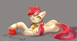 Size: 3000x1600 | Tagged: safe, artist:draco zero, imported from derpibooru, roseluck, earth pony, pony, behaving like a cat, bell, bell collar, collar, commission, commissioner:doom9454, cute, female, mare, pony pet, rosepet, solo, spine, unshorn fetlocks, yarn, yarn ball