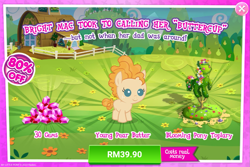 Size: 1033x688 | Tagged: safe, imported from derpibooru, pear butter, pony, advertisement, baby, baby pony, costs real money, female, filly, foal, gameloft, gem, official