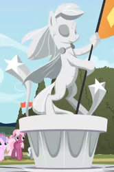 Size: 230x346 | Tagged: safe, imported from derpibooru, screencap, cheerilee, diamond tiara, silver spoon, sweetie belle, earth pony, pony, unicorn, season 2, the return of harmony, canterlot sculpture garden, female, filly, flag, foal, mare, smiling, stars, statue, victory statue, youtube link