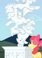 Size: 275x380 | Tagged: safe, imported from derpibooru, screencap, apple bloom, earth pony, pony, season 2, the return of harmony, bow, canterlot sculpture garden, female, filly, foal, friendship statue, hair bow, mare, smiling, statue, youtube link