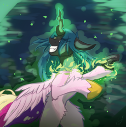 Size: 1283x1293 | Tagged: safe, artist:nighty, derpibooru exclusive, imported from derpibooru, princess cadance, queen chrysalis, alicorn, changeling, pony, abstract background, bipedal, canterlot wedding 10th anniversary, concave belly, disguise, disguised changeling, evil, fake cadance, female, fire, floppy ears, fluffy, grin, hoof shoes, horn, jewelry, magic, princess shoes, regalia, shapeshifting, slim, smiling, solo, spread wings, thin, transformation, wings