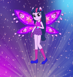 Size: 1297x1376 | Tagged: safe, artist:ketrin29, artist:user15432, imported from derpibooru, twilight sparkle, fairy, human, equestria girls, alternate hairstyle, barely eqg related, base used, believix, belt, clothes, crossover, element of magic, fairy wings, fairyized, gloves, gradient background, looking at you, ponied up, purple wings, shoes, socks, solo, sparkly background, sparkly wings, twilight sparkle (alicorn), wings, winx, winx club, winxified