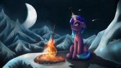 Size: 7680x4320 | Tagged: safe, artist:cmdrtempest, imported from derpibooru, oc, oc:starlet soul, pony, unicorn, cloud, cute, epic, fantasy class, fire, happy, heart, ice, looking up, magic, male, moon, mountain, neon, night, rock, shadow, sitting, smoke, snow, solo, stars, sword, war, warrior, weapon