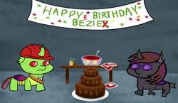 Size: 1280x744 | Tagged: safe, artist:bezierballad, imported from derpibooru, oc, oc:berzie, oc:bezier, changedling, changeling, banner, birthday, birthday gift art, blood bag, cake, female, food, gift art, male, punch bowl, purple changeling, squatchangeling, squatpony